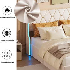 Lit 140x190 cm avec Sommier et LED, Lit Coffre 140x190 sommier à Lattes, Velours, Beige><noscript><img width=