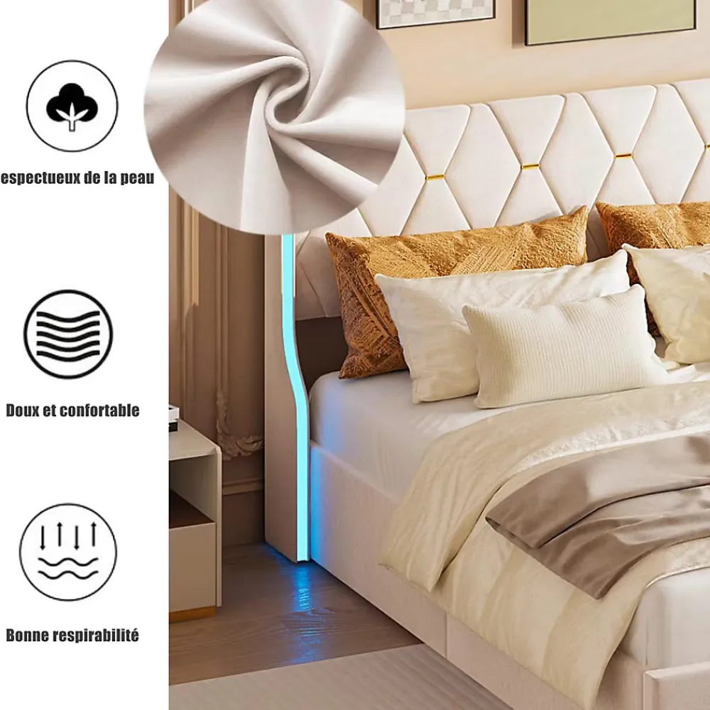 Lit 140x190 cm avec Sommier et LED, Lit Coffre 140x190 sommier à Lattes, Velours, Beige>Simple Life Outlet