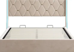 Lit 140x190 cm avec Sommier et LED, Lit Coffre 140x190 sommier à Lattes, Velours, Beige><noscript><img width=