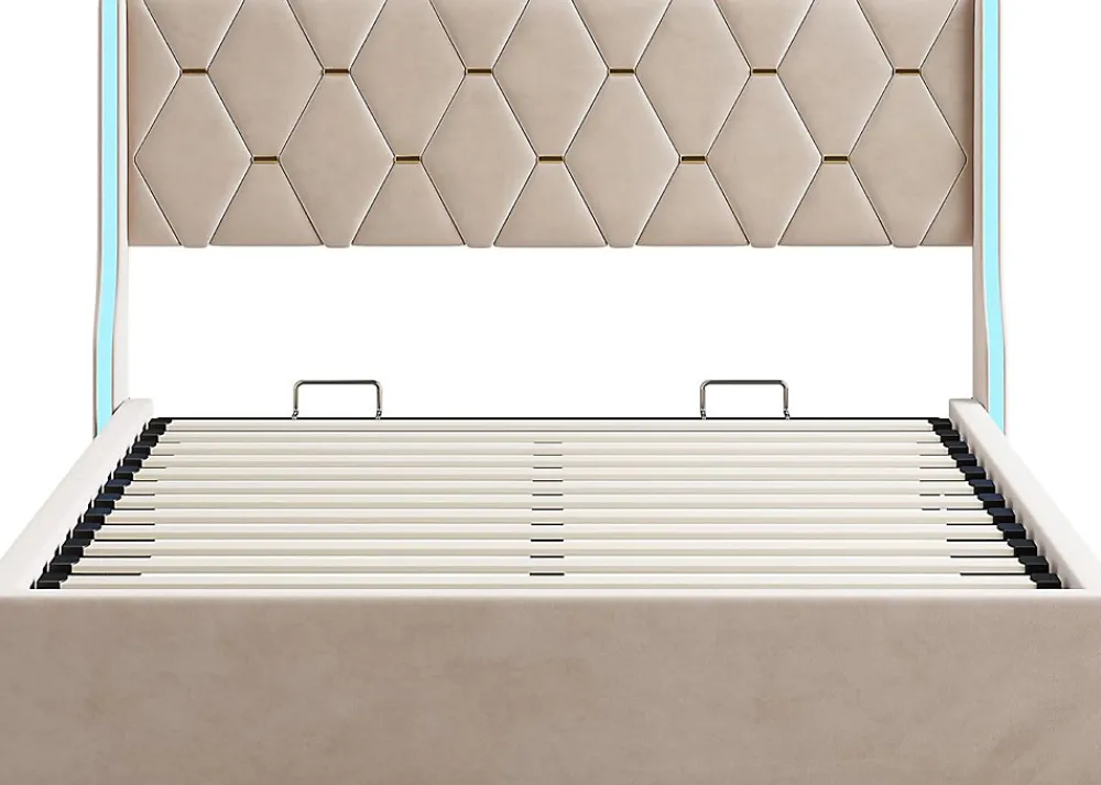 Lit 140x190 cm avec Sommier et LED, Lit Coffre 140x190 sommier à Lattes, Velours, Beige>Simple Life Outlet