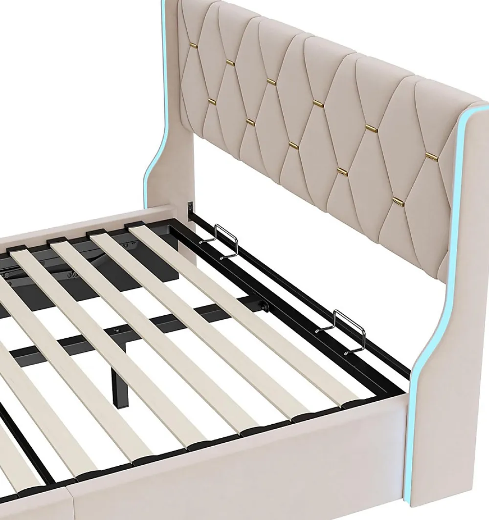 Lit 140x190 cm avec Sommier et LED, Lit Coffre 140x190 sommier à Lattes, Velours, Beige>Simple Life Outlet