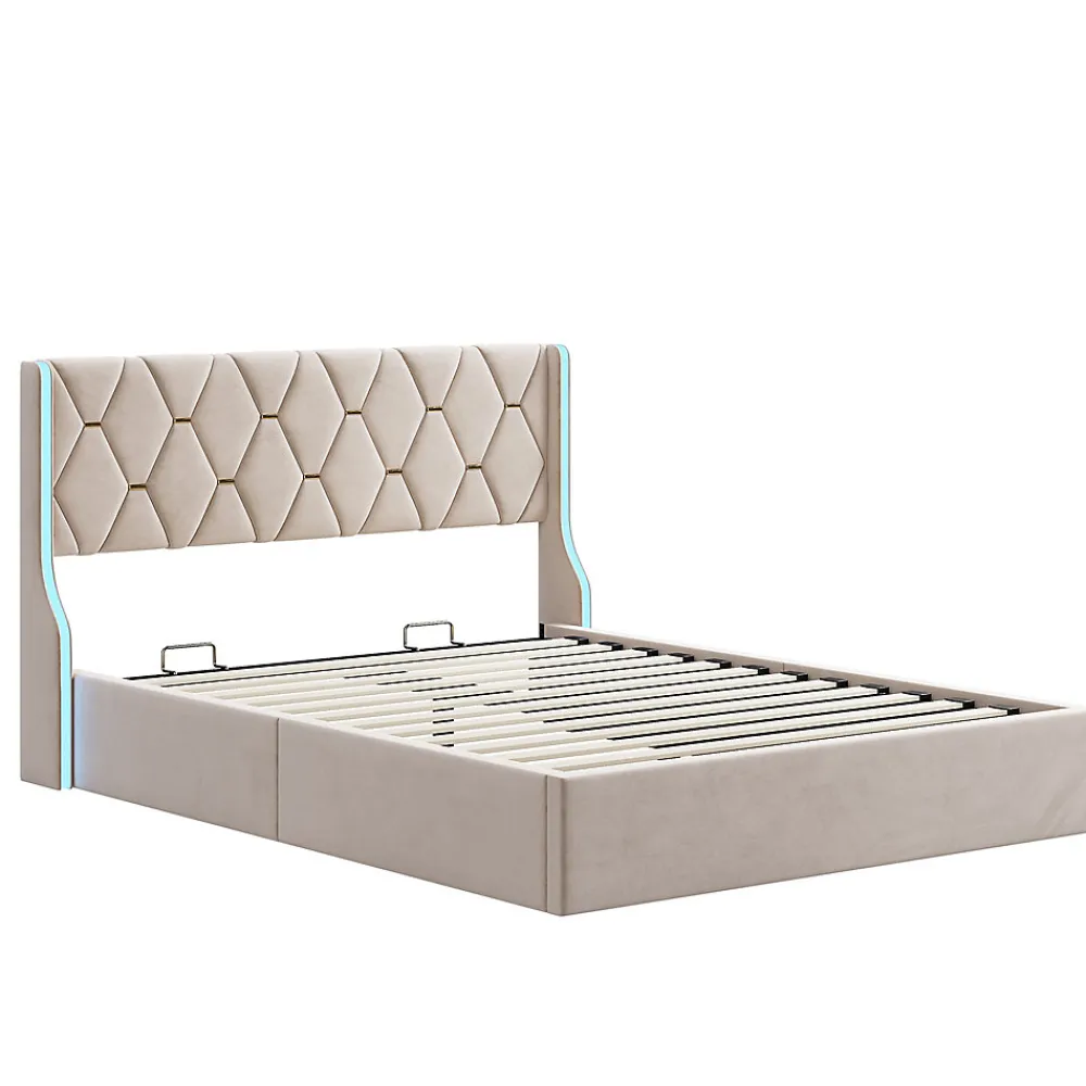 Lit 140x190 cm avec Sommier et LED, Lit Coffre 140x190 sommier à Lattes, Velours, Beige>Simple Life Outlet