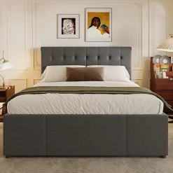 Lit 140x200 cm avec sommier gigogne et 3 tiroirs, tête de lit réglable, tapissé lin gris, cadre bois robuste><noscript><img width=