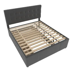 Lit 140x200 cm avec sommier gigogne et 3 tiroirs, tête de lit réglable, tapissé lin gris, cadre bois robuste><noscript><img width=