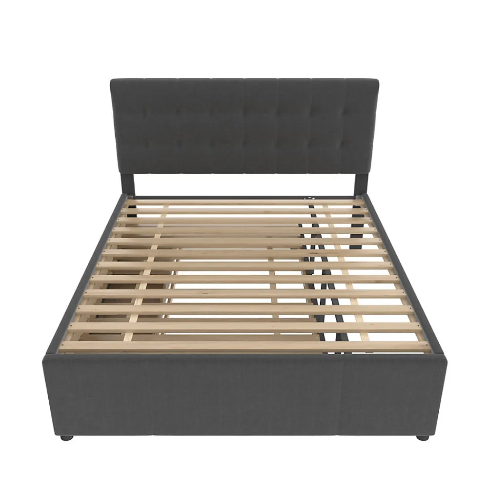 Lit 140x200 cm avec sommier gigogne et 3 tiroirs, tête de lit réglable, tapissé lin gris, cadre bois robuste>Redom Hot