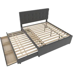 Lit 140x200 cm avec sommier gigogne et 3 tiroirs, tête de lit réglable, tapissé lin gris, cadre bois robuste><noscript><img width=