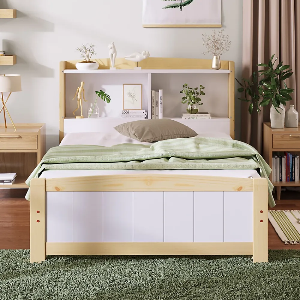 Redom Lit 90x200 cm avec tete de rangement integree, sommier a lattes, bois massif et MDF, finitions naturel blanc, pied bas 48 cm* Ensemble Sommier Et Matelas