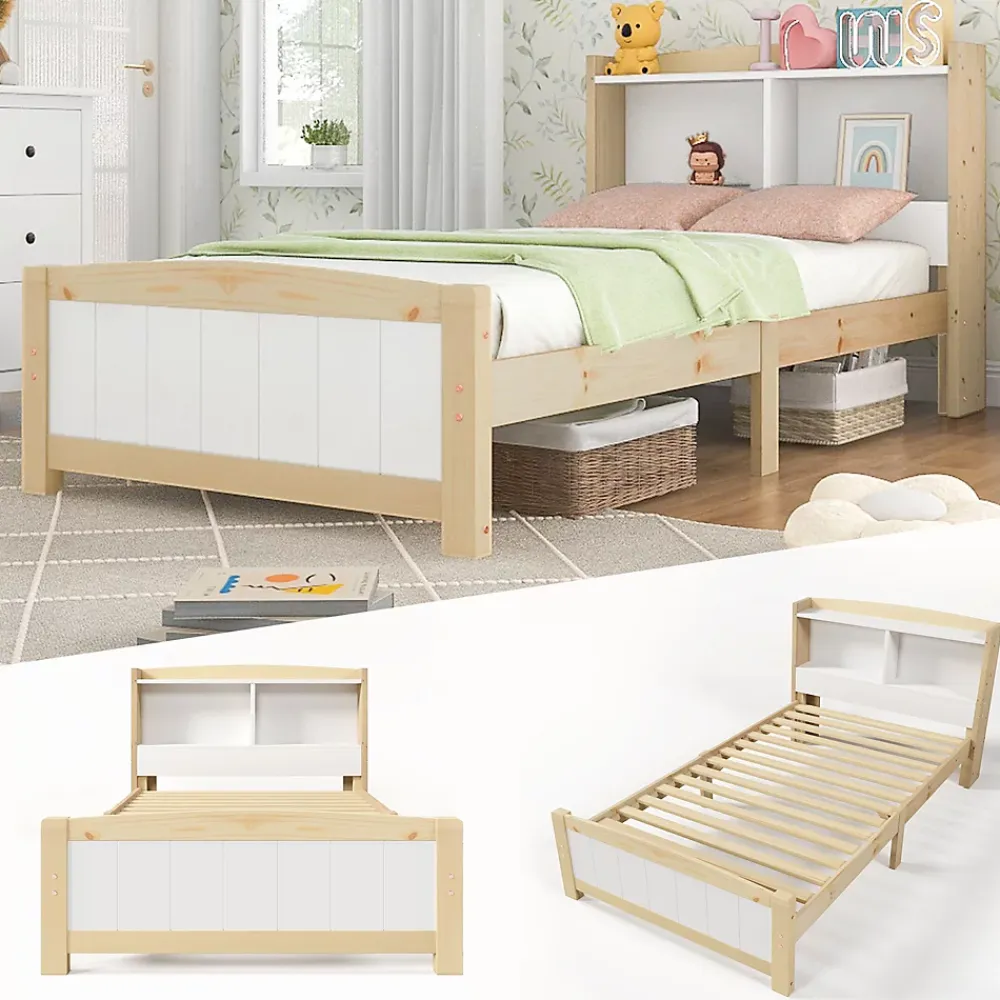 Redom Lit 90x200 cm avec tete de rangement integree, sommier a lattes, bois massif et MDF, finitions naturel blanc, pied bas 48 cm* Ensemble Sommier Et Matelas