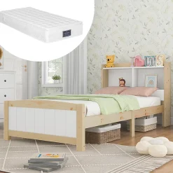 Redom Lit 90x200 cm avec tete de rangement integree, sommier a lattes, bois massif et MDF, finitions naturel blanc, pied bas 48 cm* Ensemble Sommier Et Matelas