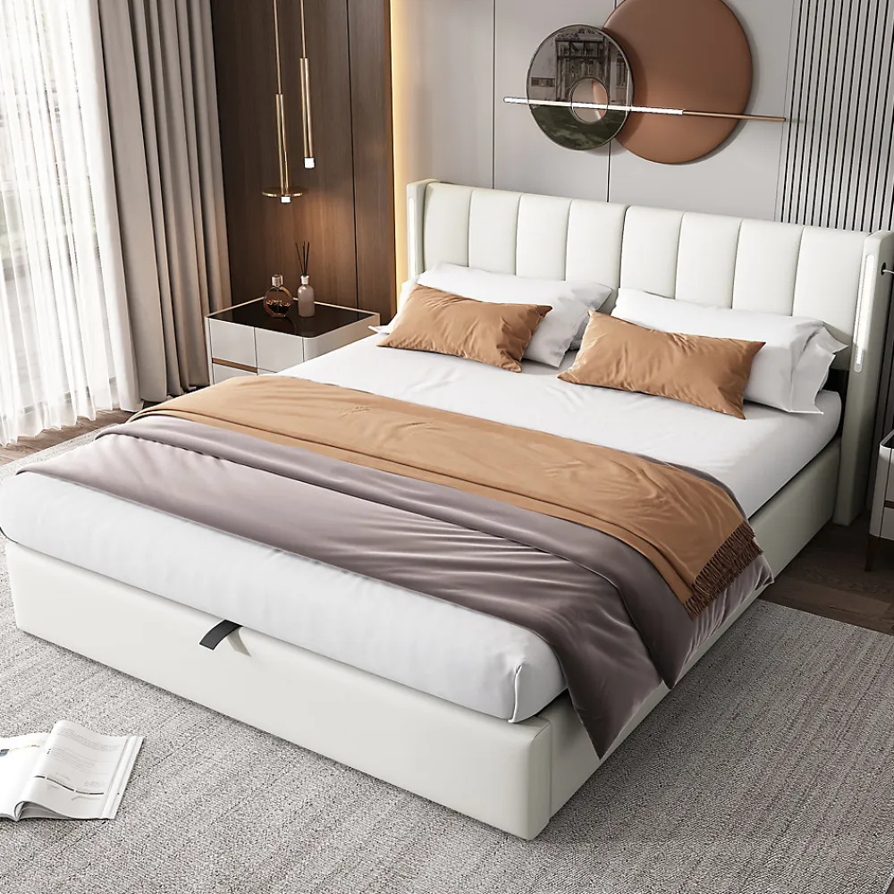 Redom Lit 140x200 cm avec tete reglable 0deg 30deg et eclairage LED dimmable, port USB et revetement PU blanc* Lit Avec Rangement