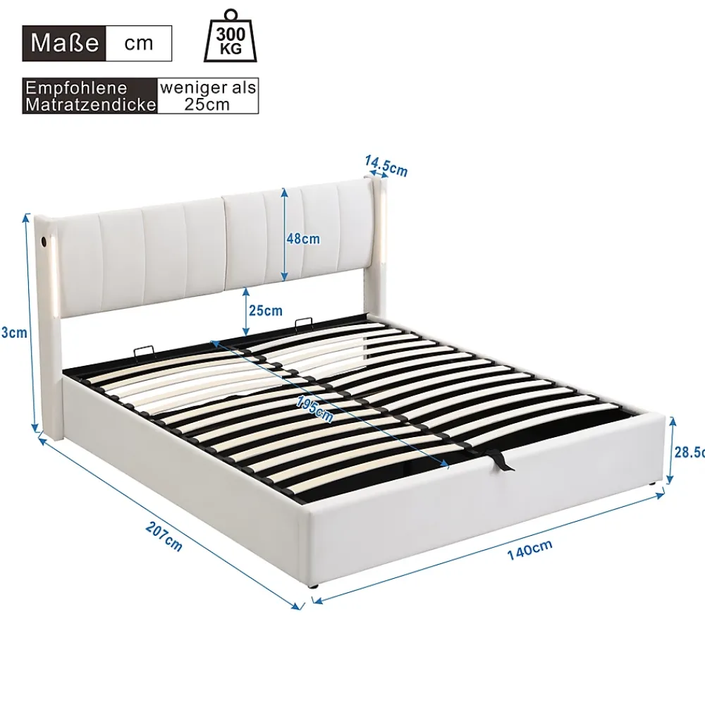 Redom Lit 140x200 cm avec tete reglable 0deg 30deg et eclairage LED dimmable, port USB et revetement PU blanc* Lit Avec Rangement
