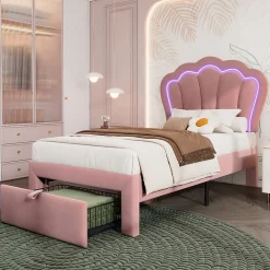 Redom Lit 90x190 cm avec tiroir de rangement, tête de lit velours réglable à motifs floraux et éclairage LED RGB* Ensemble Sommier Et Matelas