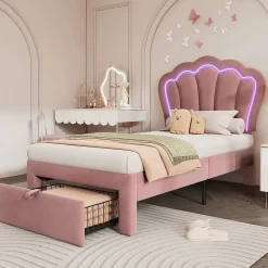 Redom Lit 90x190 cm avec tiroir de rangement, tête de lit velours réglable à motifs floraux et éclairage LED RGB* Ensemble Sommier Et Matelas