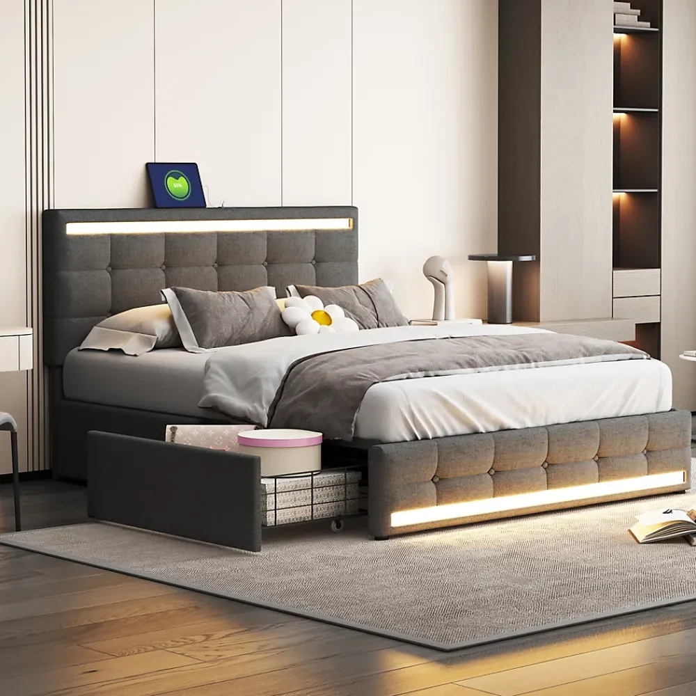Simple Life Lit 140x200 cm avec tiroirs, capitonné, rangement, LED, 2 chargeurs USB, sommier à lattes, gris.* Lit Coffre