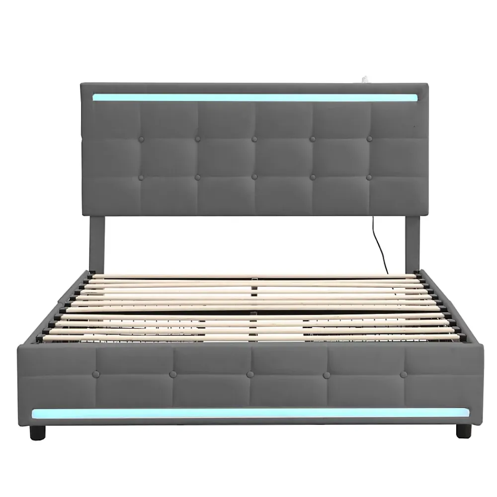 Simple Life Lit 140x200 cm avec tiroirs, capitonné, rangement, LED, 2 chargeurs USB, sommier à lattes, gris.* Lit Coffre