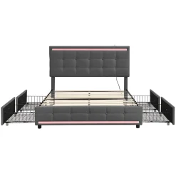 Simple Life Lit 140x200 cm avec tiroirs, capitonné, rangement, LED, 2 chargeurs USB, sommier à lattes, gris.* Lit Coffre