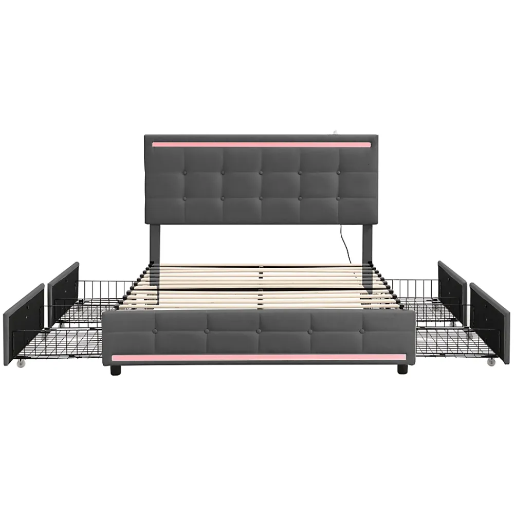 Simple Life Lit 140x200 cm avec tiroirs, capitonné, rangement, LED, 2 chargeurs USB, sommier à lattes, gris.* Lit Coffre