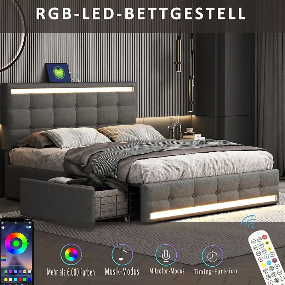 Simple Life Lit 140x200 cm avec tiroirs, capitonné, rangement, LED, 2 chargeurs USB, sommier à lattes, gris.* Lit Coffre