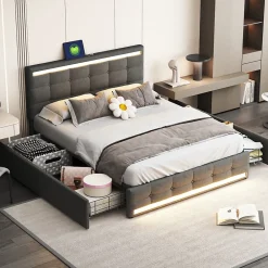 Simple Life Lit 140x200 cm avec tiroirs, capitonné, rangement, LED, 2 chargeurs USB, sommier à lattes, gris.* Lit Coffre