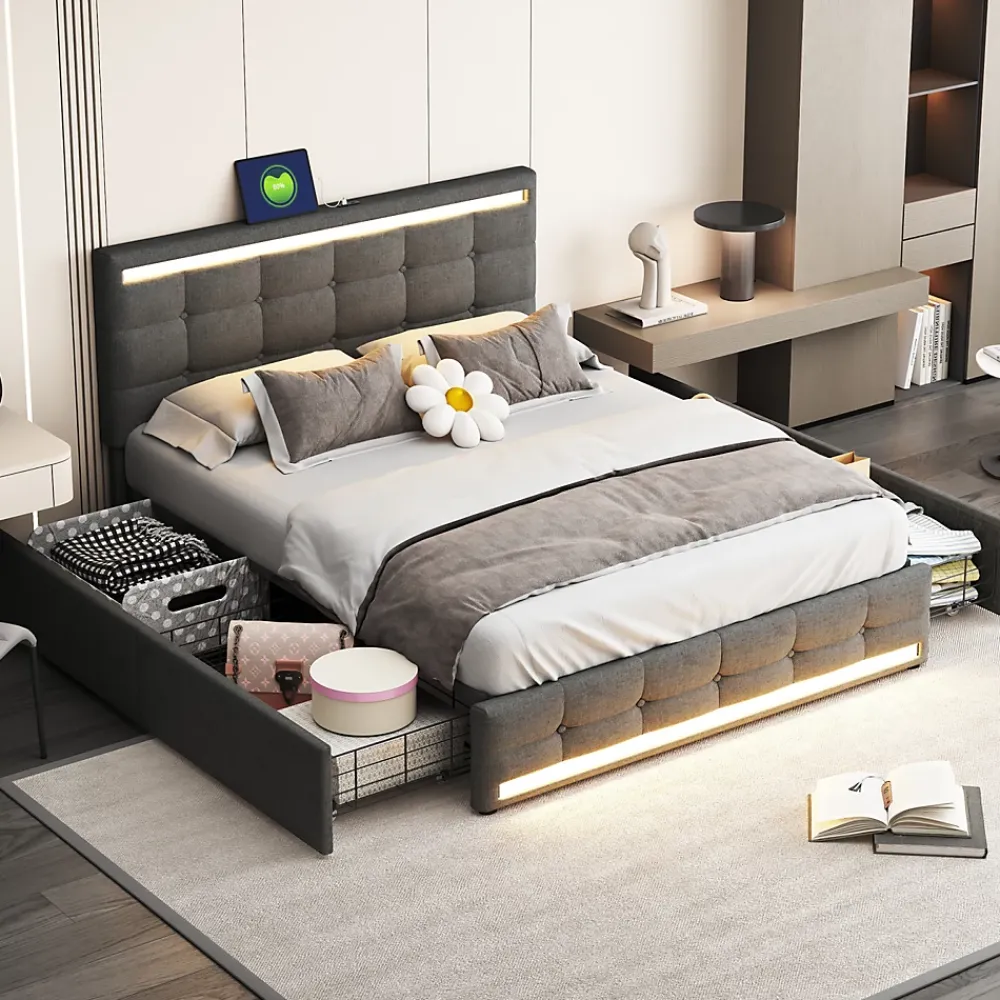 Simple Life Lit 140x200 cm avec tiroirs, capitonné, rangement, LED, 2 chargeurs USB, sommier à lattes, gris.* Lit Coffre