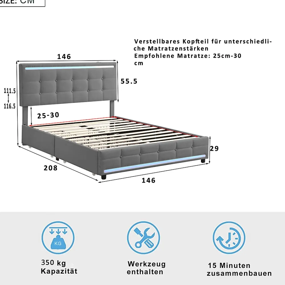 Simple Life Lit 140x200 cm avec tiroirs, capitonné, rangement, LED, 2 chargeurs USB, sommier à lattes, gris.* Lit Coffre