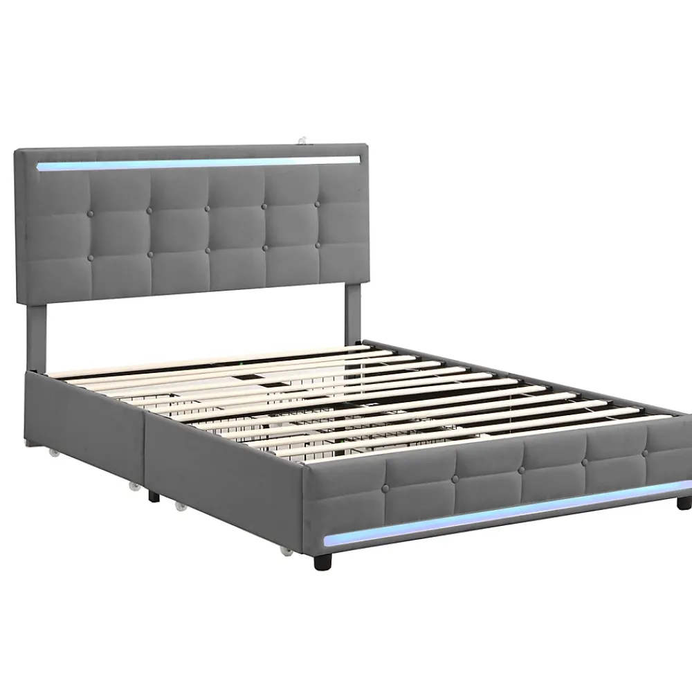 Simple Life Lit 140x200 cm avec tiroirs, capitonné, rangement, LED, 2 chargeurs USB, sommier à lattes, gris.* Lit Coffre