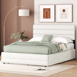 Redom Lit 140x200 cm avec tiroirs de rangement et lit gigogne, tête tapissée lin beige, cadre MDF robuste* Lit Gigogne