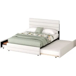 Redom Lit 140x200 cm avec tiroirs de rangement et lit gigogne, tête tapissée lin beige, cadre MDF robuste* Lit Gigogne