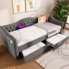 Redom Lit 90x190 cm avec tiroirs de rangement et ports USB C, cadre tapissee lin gris et tete capitonnee vintage* Ensemble Sommier Et Matelas