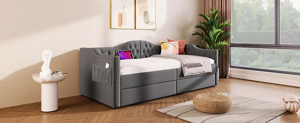 Redom Lit 90x190 cm avec tiroirs de rangement et ports USB C, cadre tapissee lin gris et tete capitonnee vintage* Ensemble Sommier Et Matelas