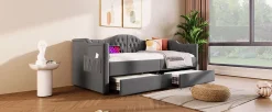 Redom Lit 90x190 cm avec tiroirs de rangement et ports USB C, cadre tapissee lin gris et tete capitonnee vintage* Ensemble Sommier Et Matelas
