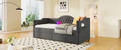 Redom Lit 90x190 cm avec tiroirs de rangement et ports USB C, cadre tapissee lin gris et tete capitonnee vintage* Ensemble Sommier Et Matelas