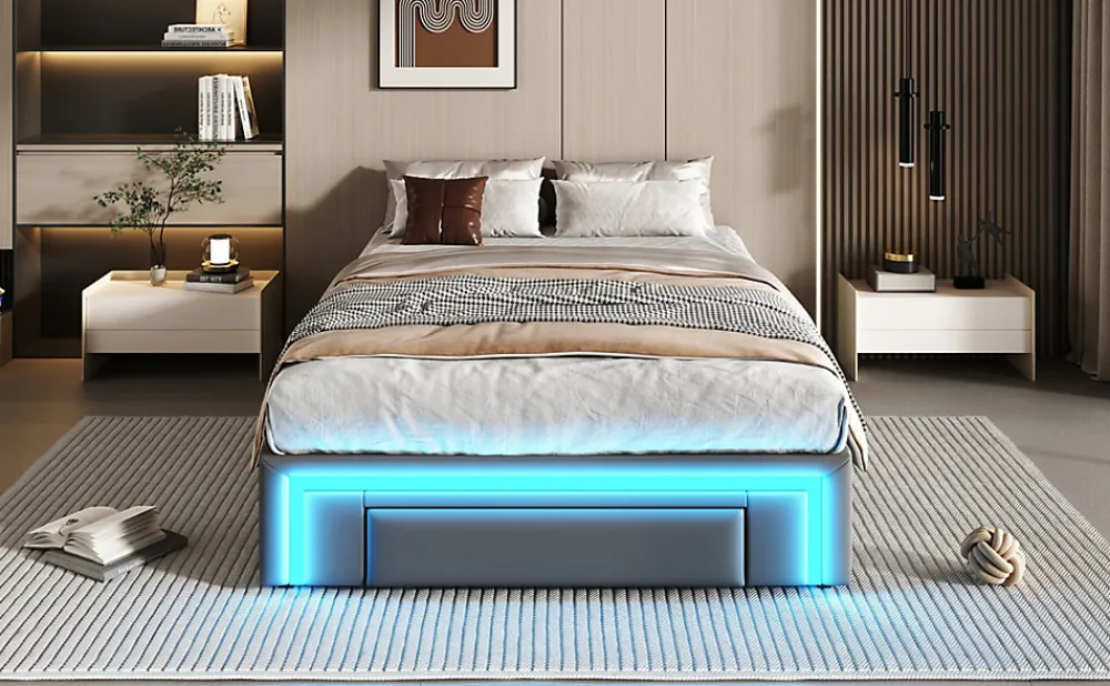 Lit 90x200 cm avec tiroirs de rangement, tapissee PU cuir gris et bande LED RGB, cadre metal robuste, sans tete de lit>Redom Clearance