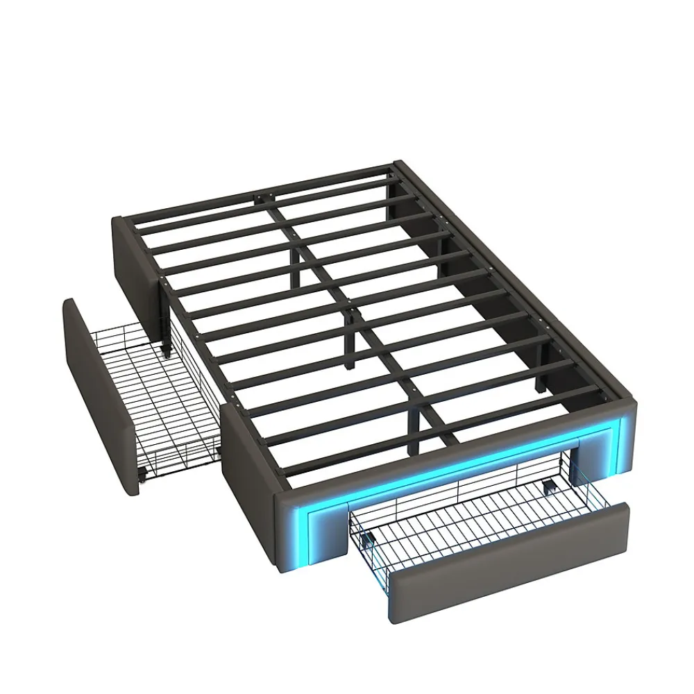 Lit 90x200 cm avec tiroirs de rangement, tapissee PU cuir gris et bande LED RGB, cadre metal robuste, sans tete de lit>Redom Clearance