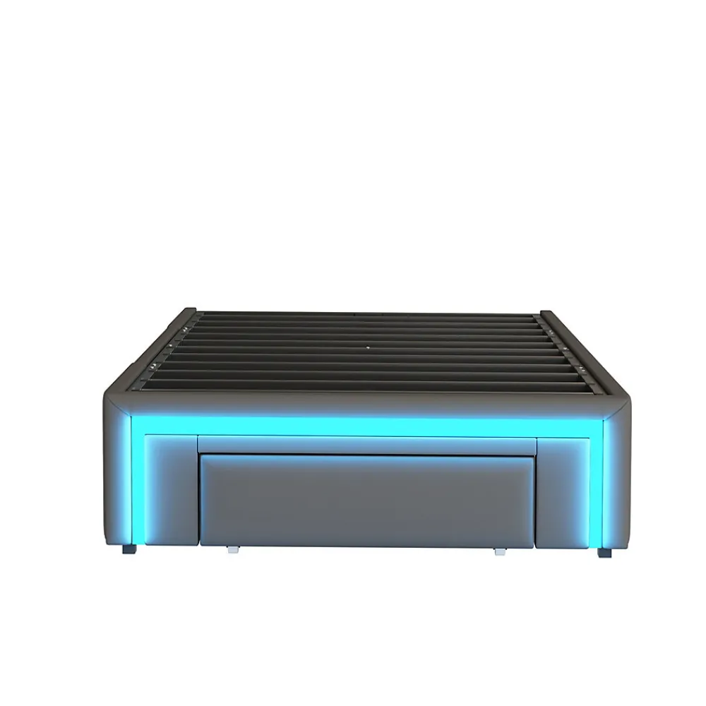 Lit 90x200 cm avec tiroirs de rangement, tapissee PU cuir gris et bande LED RGB, cadre metal robuste, sans tete de lit>Redom Clearance