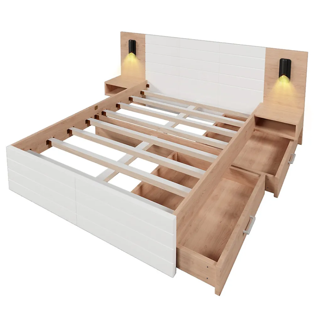Lit 140x200 cm avec tiroirs de rangement et tête de lit avec liseuse 360 et prise USB blanc et chêne>Redom Outlet