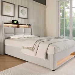 Lit 90x200 cm avec tête capitonnée en lin, éclairage LED multicolore et prise USB intégrée, coffre relevable><noscript><img width=