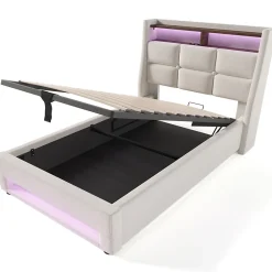 Lit 90x200 cm avec tête capitonnée en lin, éclairage LED multicolore et prise USB intégrée, coffre relevable><noscript><img width=