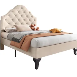 Redom Lit 90x200 cm avec tête de lit réglable et sommier à lattes, revêtement velours beige, design classique* Lit Simple