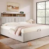 Redom Lit 160x200 cm avec tête de lit réglable et rangement intégré, tapissé lin beige, prise USB/Type-C* Lit Avec Rangement