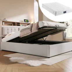Redom Lit 160x200 cm avec tête de lit réglable et rangement intégré, tapissé lin beige, prise USB/Type-C* Lit Avec Rangement