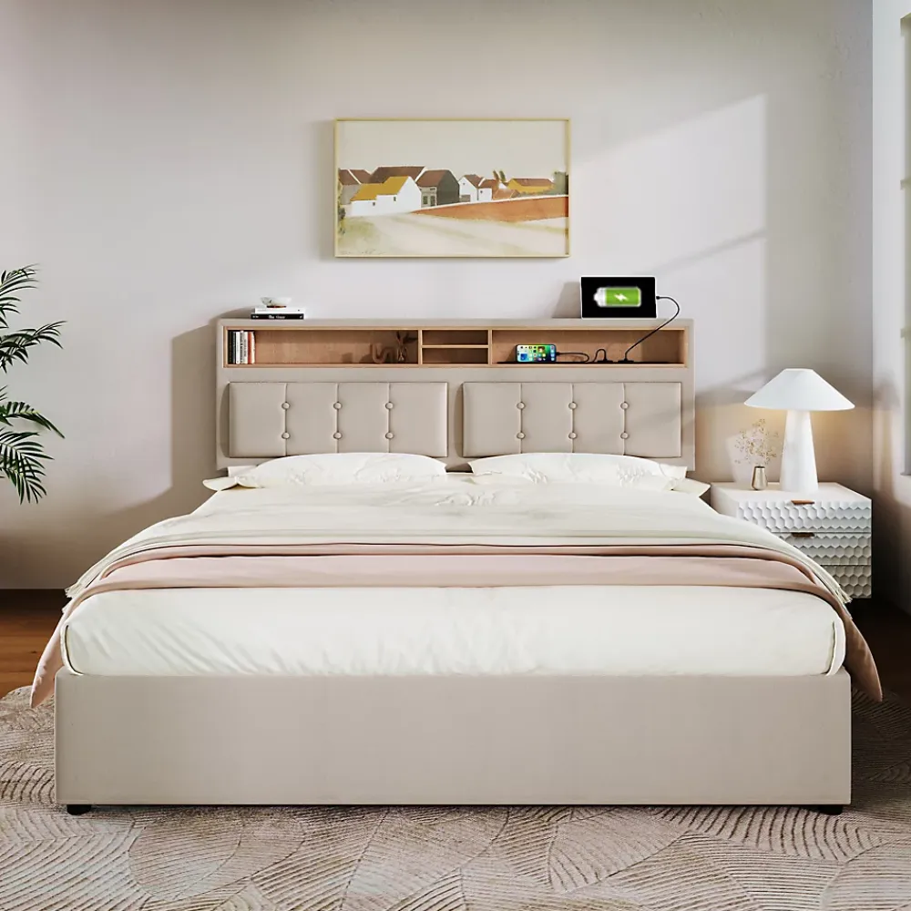 Redom Lit 160x200 cm avec tête de lit réglable et rangement intégré, tapissé lin beige, prise USB/Type-C* Lit Avec Rangement