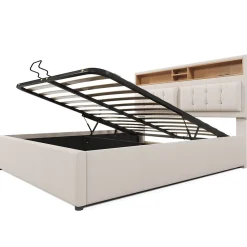 Redom Lit 160x200 cm avec tête de lit réglable et rangement intégré, tapissé lin beige, prise USB/Type-C* Lit Avec Rangement