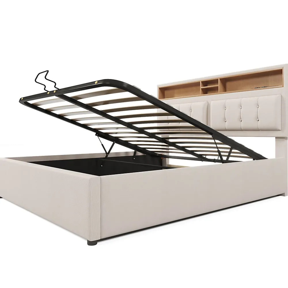 Redom Lit 160x200 cm avec tête de lit réglable et rangement intégré, tapissé lin beige, prise USB/Type-C* Lit Avec Rangement