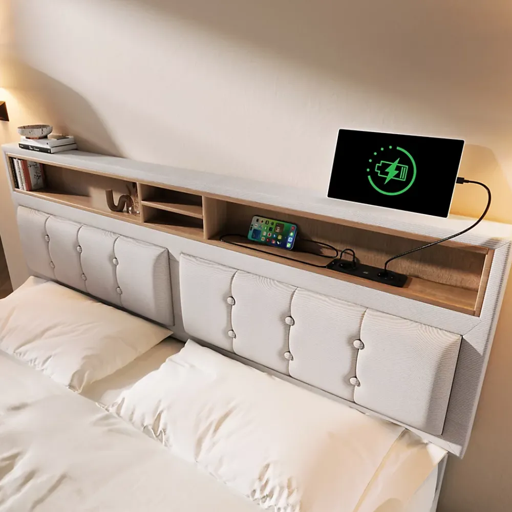 Redom Lit 160x200 cm avec tête de lit réglable et rangement intégré, tapissé lin beige, prise USB/Type-C* Lit Avec Rangement