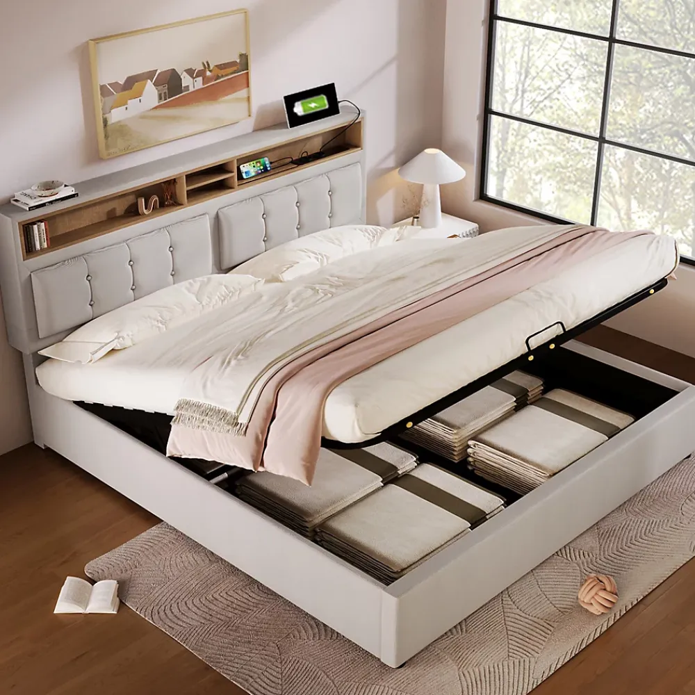 Redom Lit 160x200 cm avec tête de lit réglable et rangement intégré, tapissé lin beige, prise USB/Type-C* Lit Avec Rangement