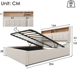 Redom Lit 160x200 cm avec tête de lit réglable et rangement intégré, tapissé lin beige, prise USB/Type-C* Lit Avec Rangement
