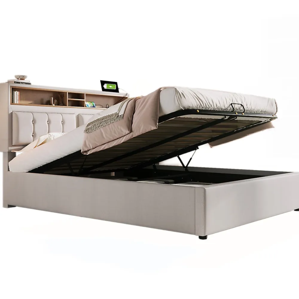 Redom Lit 160x200 cm avec tête de lit réglable et rangement intégré, tapissé lin beige, prise USB/Type-C* Lit Avec Rangement