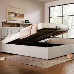 Redom Lit 160x200 cm avec tête de lit réglable et rangement intégré, tapissé lin beige, prise USB/Type-C* Lit Avec Rangement