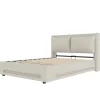 Redom Lit 140x200 cm avec tête de lit fonctionnelle et rangement hydraulique, tapissé lin beige avec LED d'ambiance* Lit Avec Rangement